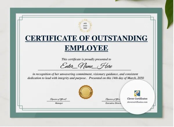 Outstanding Employee Award presented in a sleek wooden frame, elegantly arranged on a stylish table.