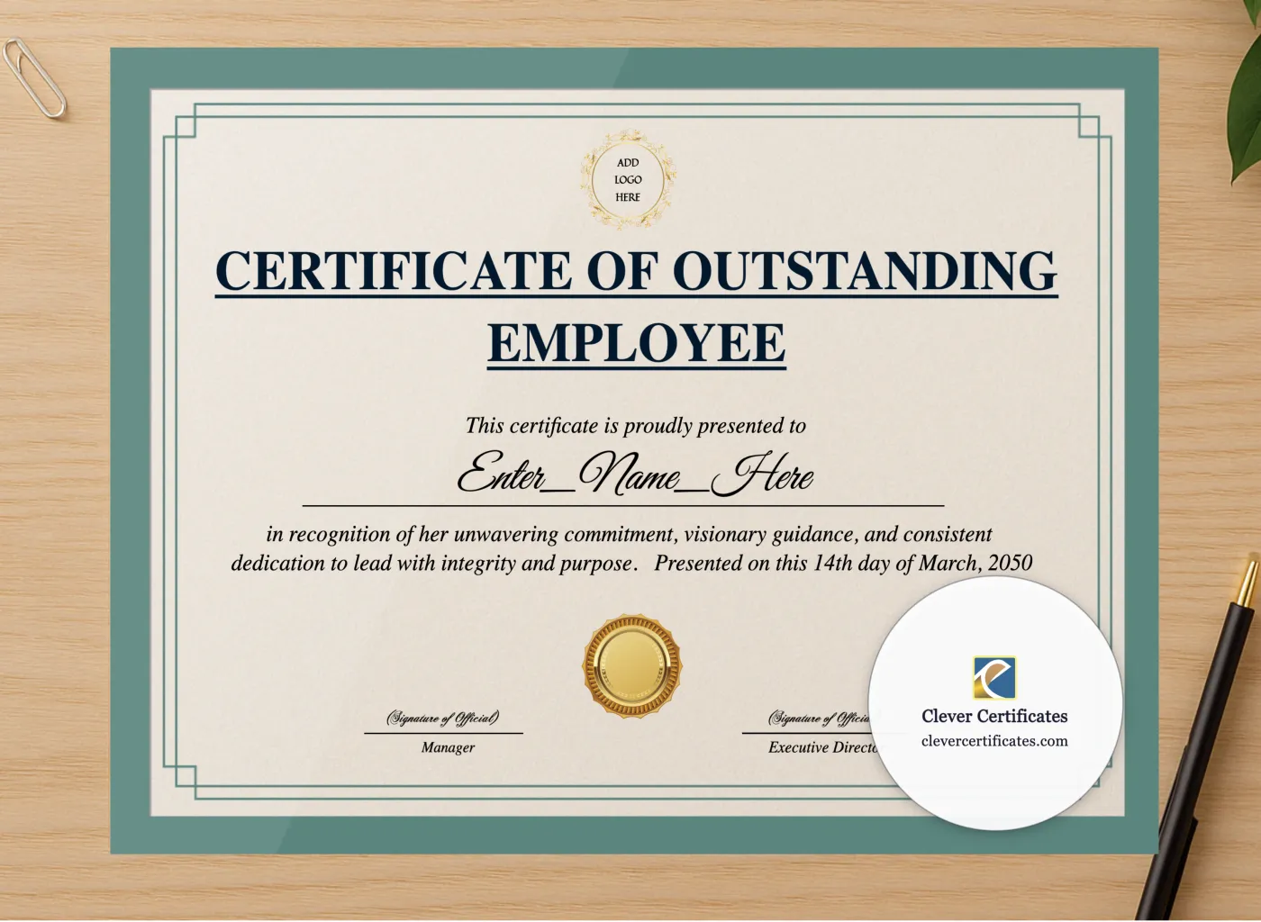 Professional preview of Outstanding Employee Award certificate on high-quality stationery paper, ideal for showcasing the final look.