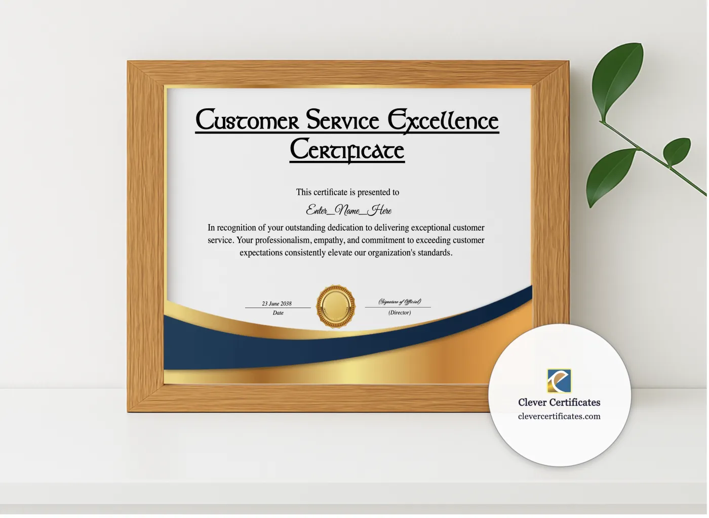 Realistic mockup featuring Customer Service Excellence Certificate displayed within a modern frame, set against a minimalistic background.