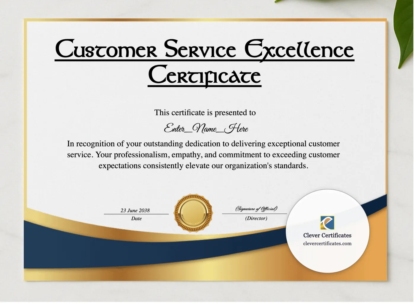 Customer Service Excellence Certificate presented in a sleek wooden frame, elegantly arranged on a stylish table.
