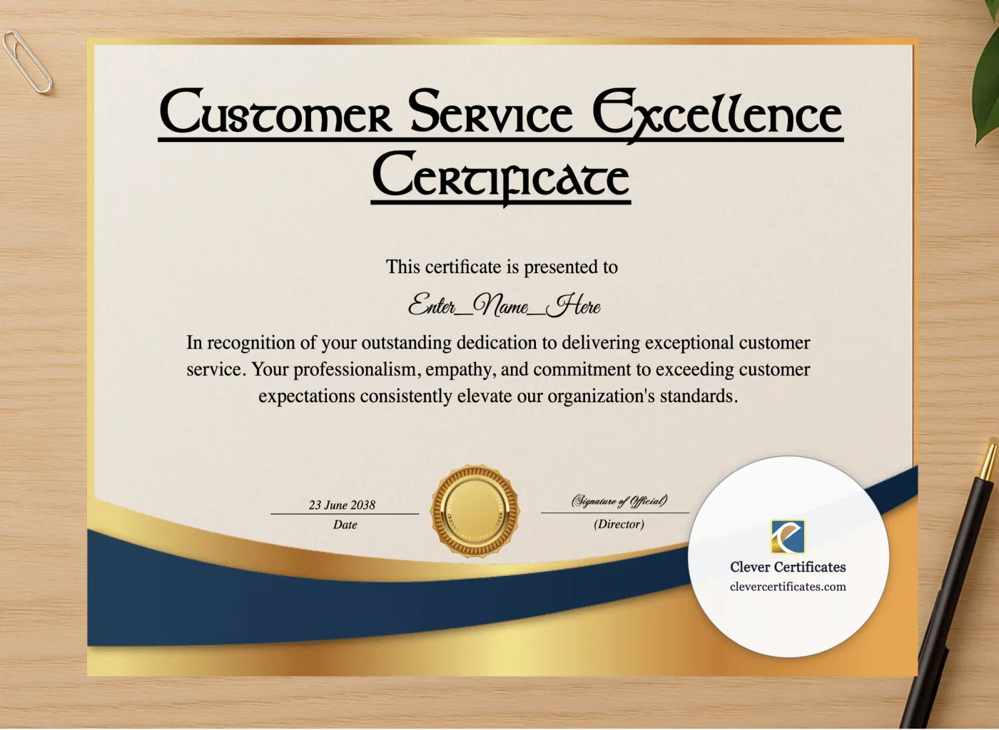 Professional preview of Customer Service Excellence Certificate certificate on high-quality stationery paper, ideal for showcasing the final look.