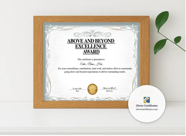 Realistic mockup featuring Above And Beyond Award displayed within a modern frame, set against a minimalistic background.