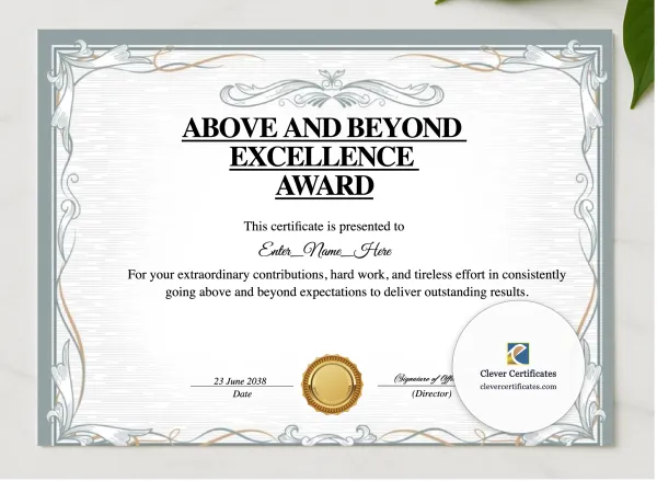 Above And Beyond Award presented in a sleek wooden frame, elegantly arranged on a stylish table.