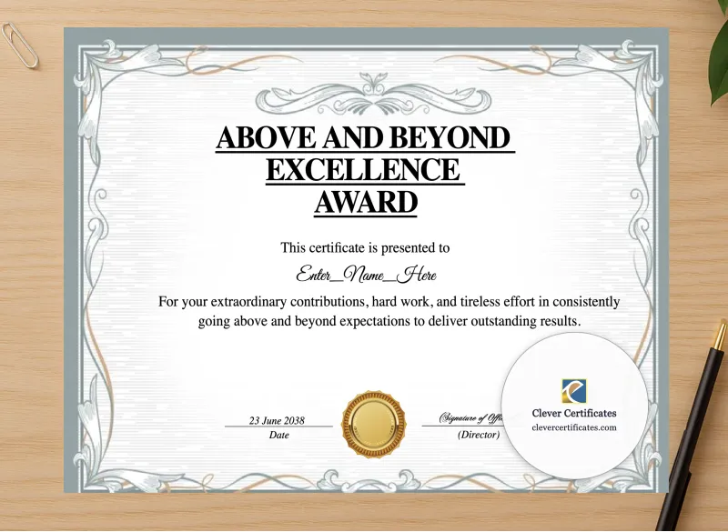 Professional preview of Above And Beyond Award certificate on high-quality stationery paper, ideal for showcasing the final look.