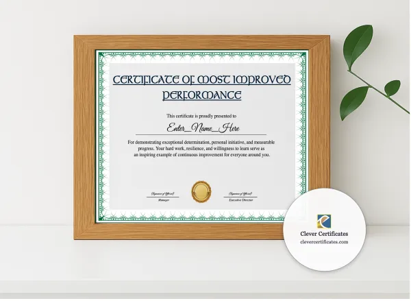 Realistic mockup featuring Most Improved Employee Certificate displayed within a modern frame, set against a minimalistic background.