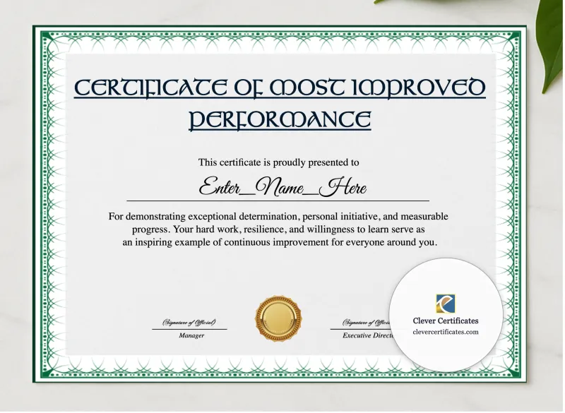 Most Improved Employee Certificate presented in a sleek wooden frame, elegantly arranged on a stylish table.