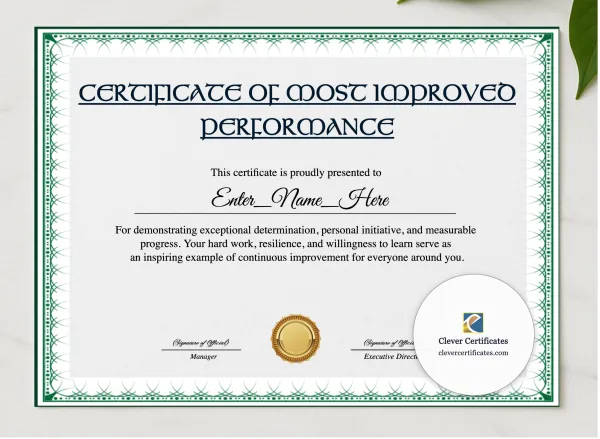Most Improved Employee Certificate presented in a sleek wooden frame, elegantly arranged on a stylish table.