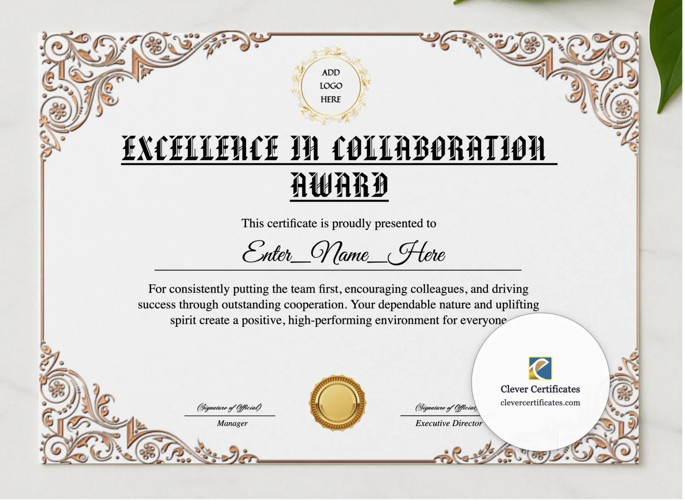 Excellence In Collaboration Award presented in a sleek wooden frame, elegantly arranged on a stylish table.