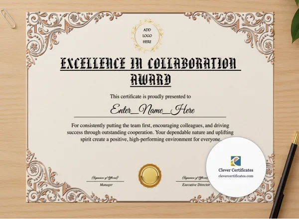 Professional preview of Excellence In Collaboration Award certificate on high-quality stationery paper, ideal for showcasing the final look.