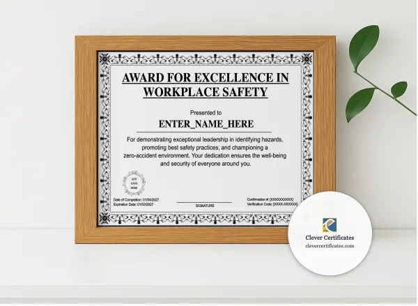 Realistic mockup featuring Workplace Safety Excellence Award displayed within a modern frame, set against a minimalistic background.