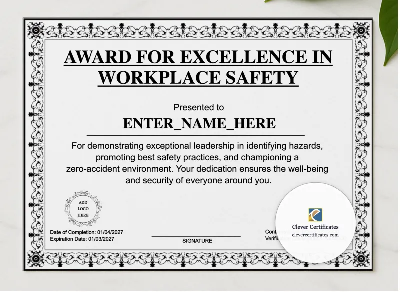 Workplace Safety Excellence Award presented in a sleek wooden frame, elegantly arranged on a stylish table.