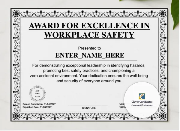 Workplace Safety Excellence Award presented in a sleek wooden frame, elegantly arranged on a stylish table.
