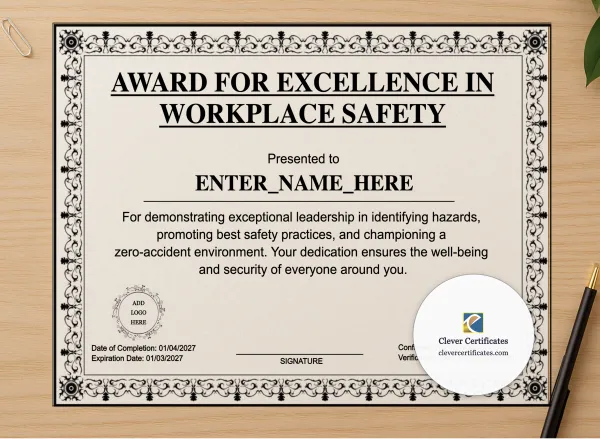Professional preview of Workplace Safety Excellence Award certificate on high-quality stationery paper, ideal for showcasing the final look.