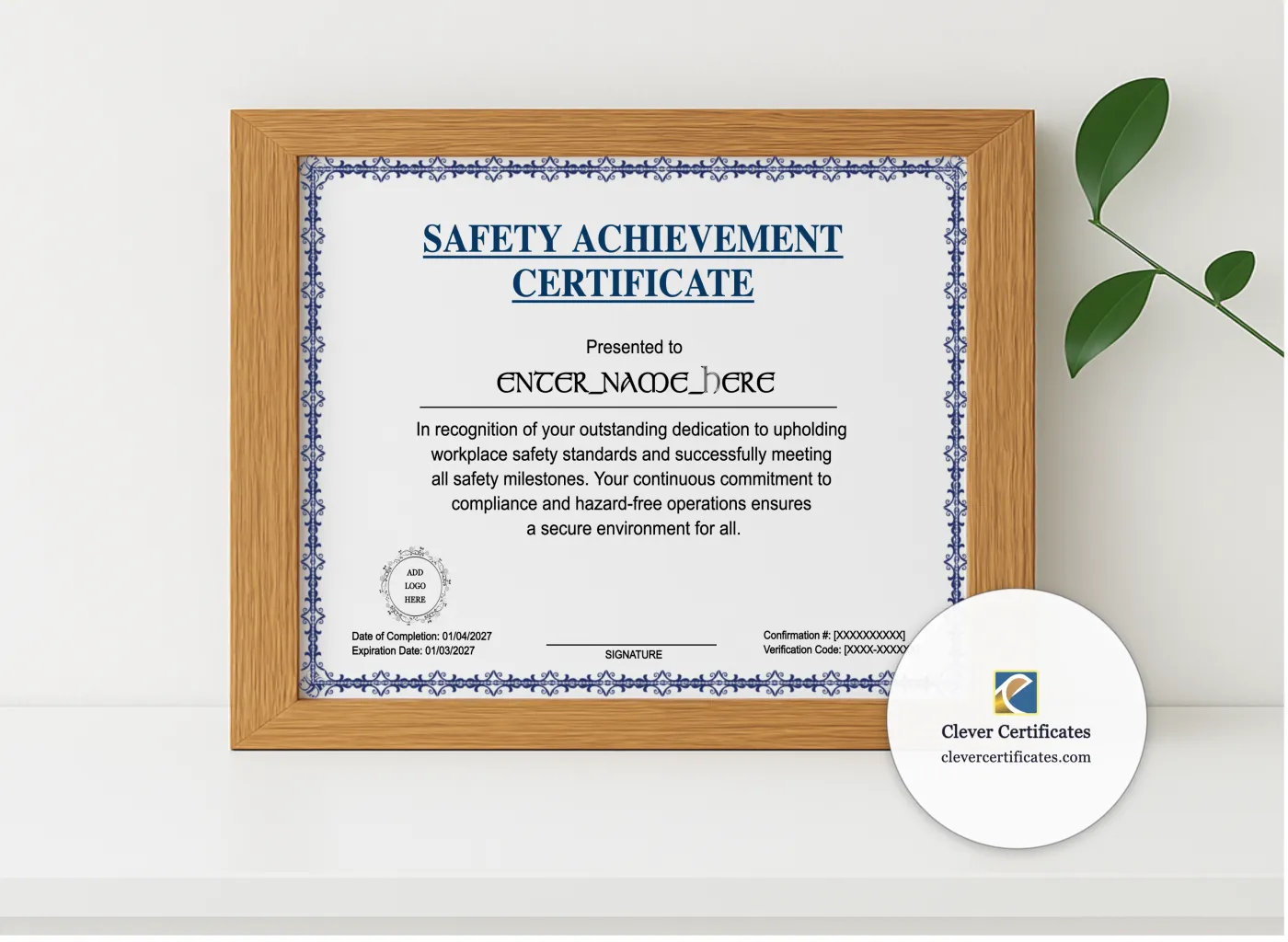 Realistic mockup featuring Safety Achievement Certificate displayed within a modern frame, set against a minimalistic background.