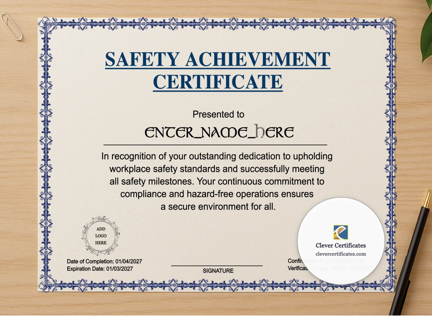 Professional preview of Safety Achievement Certificate certificate on high-quality stationery paper, ideal for showcasing the final look.