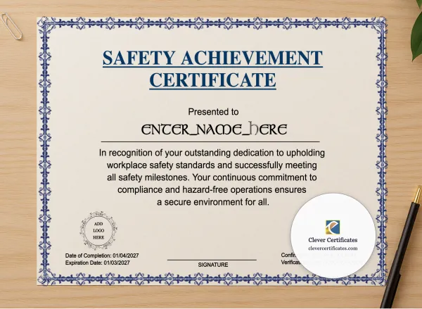 Professional preview of Safety Achievement Certificate certificate on high-quality stationery paper, ideal for showcasing the final look.