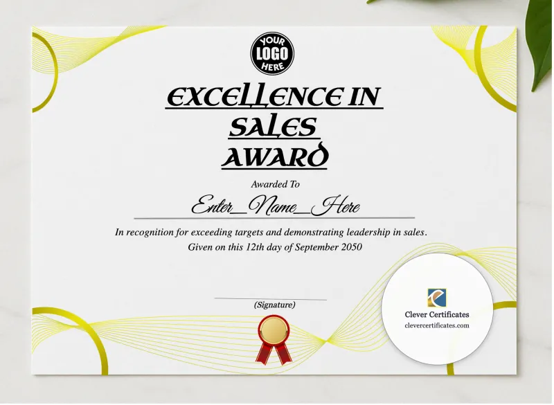 Sales Achievement Certificate presented in a sleek wooden frame, elegantly arranged on a stylish table.