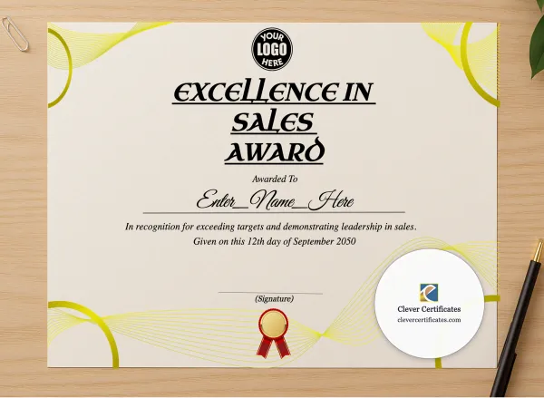 Professional preview of Sales Achievement Certificate certificate on high-quality stationery paper, ideal for showcasing the final look.
