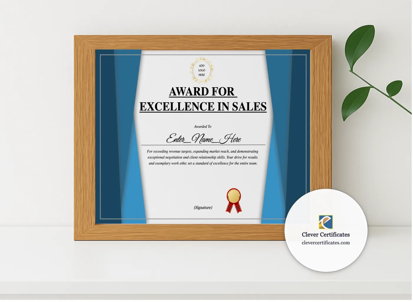 Realistic mockup featuring Sales Excellence Award displayed within a modern frame, set against a minimalistic background.