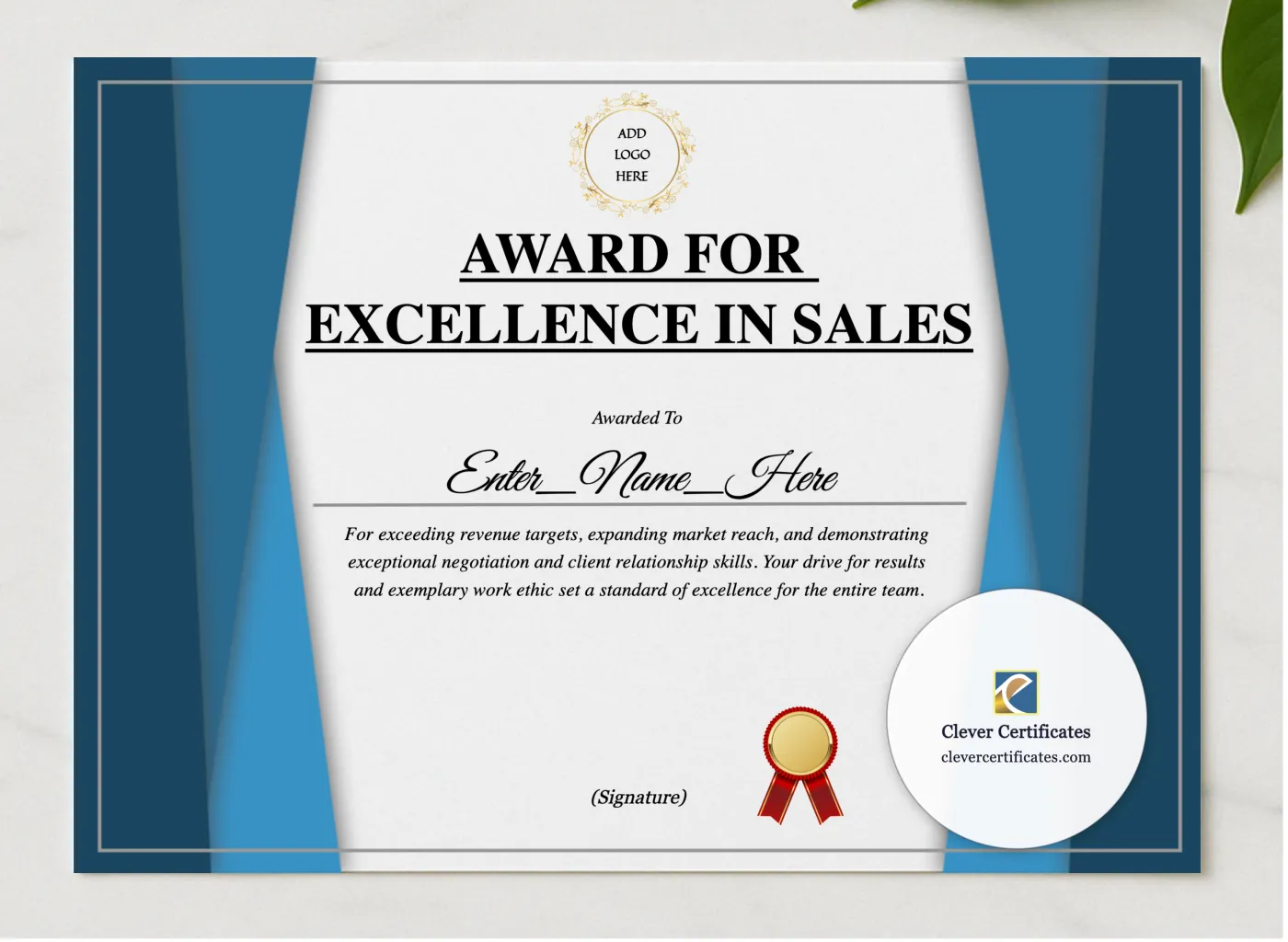 Sales Excellence Award presented in a sleek wooden frame, elegantly arranged on a stylish table.