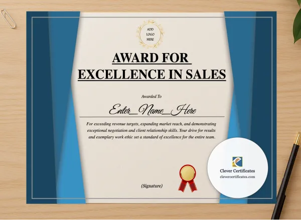 Professional preview of Sales Excellence Award certificate on high-quality stationery paper, ideal for showcasing the final look.