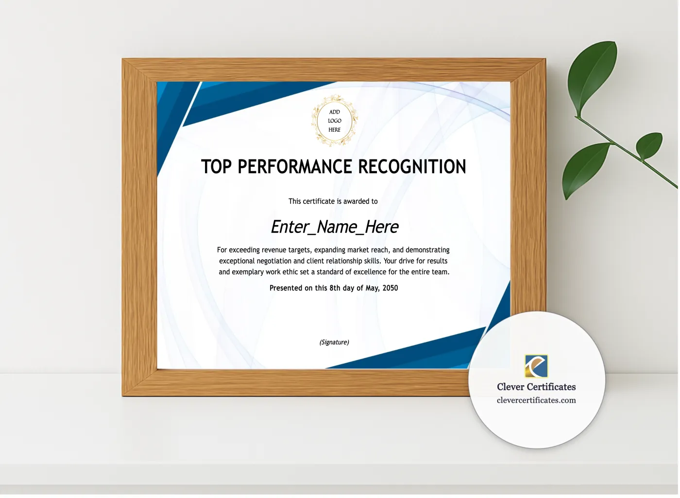 Realistic mockup featuring Top Performance Recognition Certificate displayed within a modern frame, set against a minimalistic background.