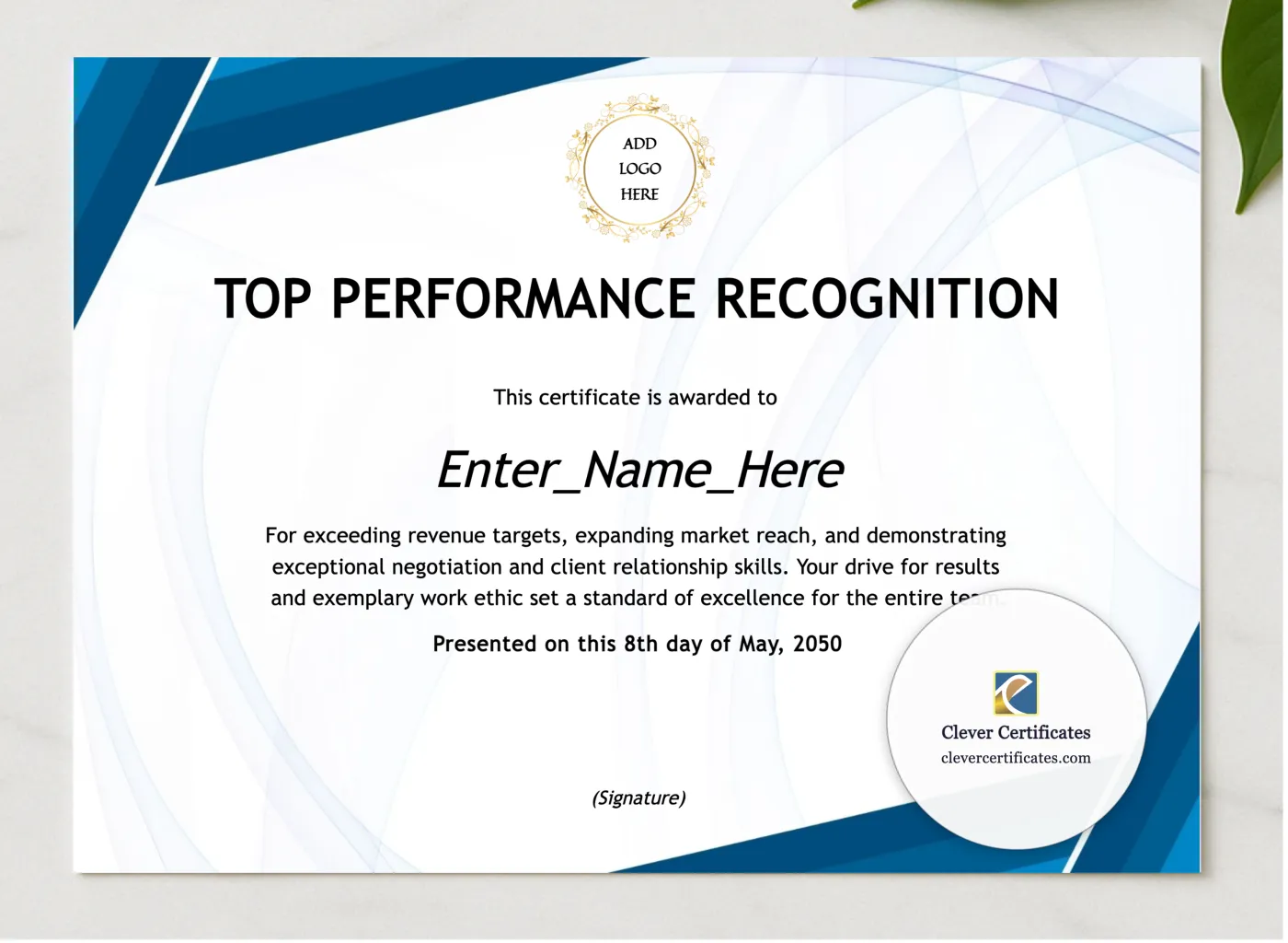 Top Performance Recognition Certificate presented in a sleek wooden frame, elegantly arranged on a stylish table.