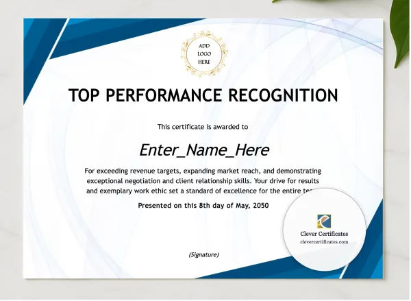 Top Performance Recognition Certificate presented in a sleek wooden frame, elegantly arranged on a stylish table.