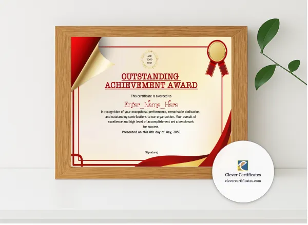Realistic mockup featuring Outstanding Achievement Award displayed within a modern frame, set against a minimalistic background.