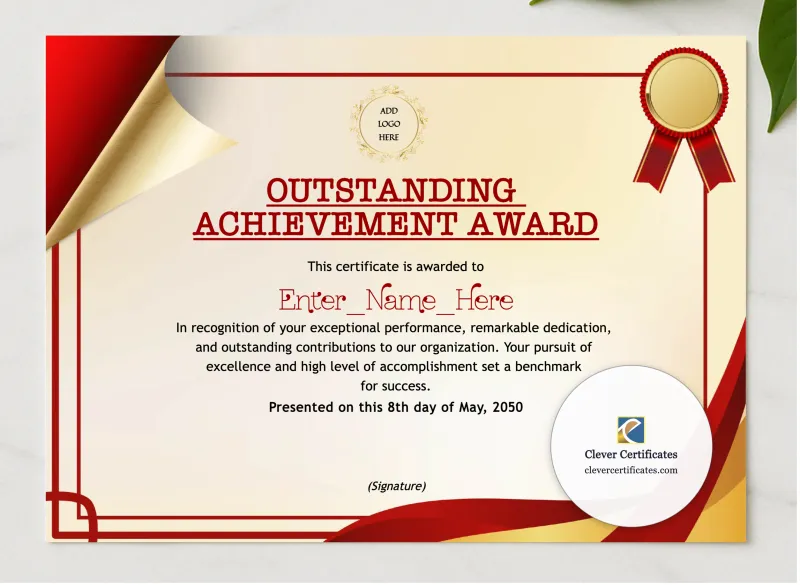 Outstanding Achievement Award presented in a sleek wooden frame, elegantly arranged on a stylish table.