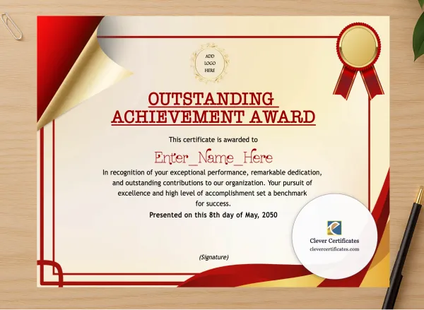 Professional preview of Outstanding Achievement Award certificate on high-quality stationery paper, ideal for showcasing the final look.