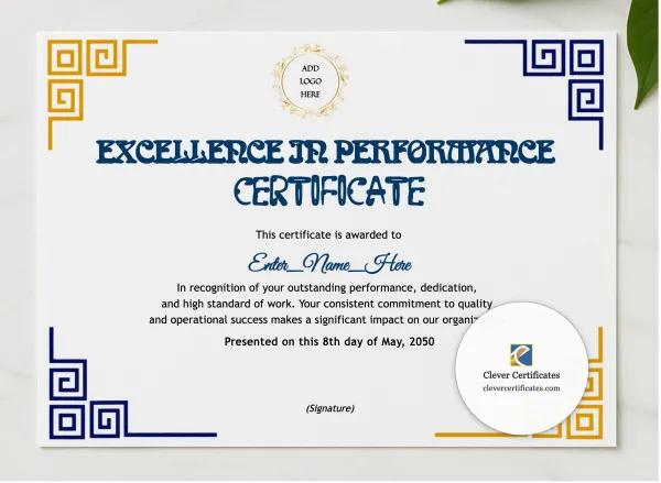 Excellence In Performance Certificate presented in a sleek wooden frame, elegantly arranged on a stylish table.