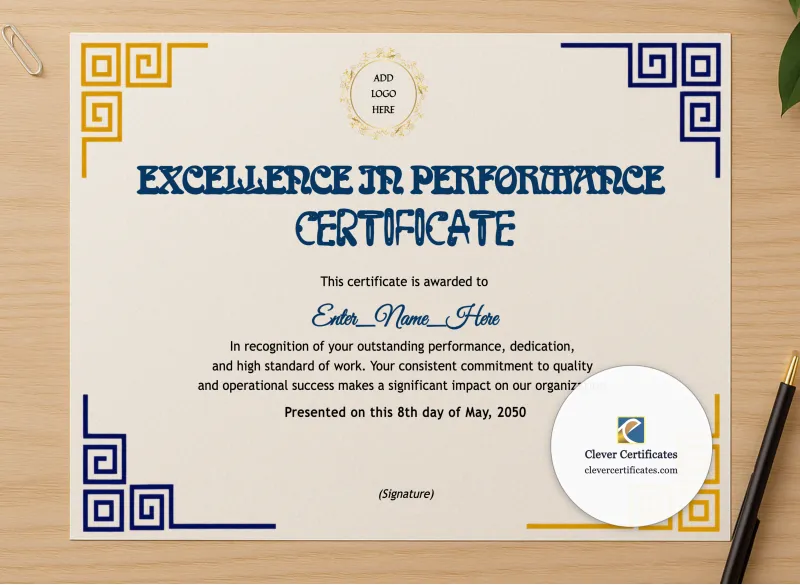 Professional preview of Excellence In Performance Certificate certificate on high-quality stationery paper, ideal for showcasing the final look.