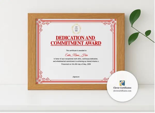 Realistic mockup featuring Dedication And Commitment Award displayed within a modern frame, set against a minimalistic background.