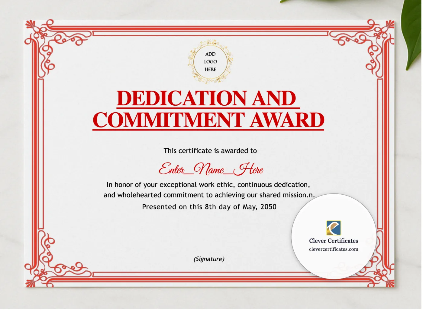 Dedication And Commitment Award presented in a sleek wooden frame, elegantly arranged on a stylish table.
