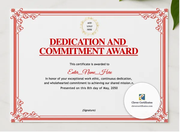 Dedication And Commitment Award presented in a sleek wooden frame, elegantly arranged on a stylish table.