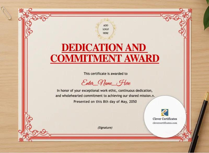 Professional preview of Dedication And Commitment Award certificate on high-quality stationery paper, ideal for showcasing the final look.