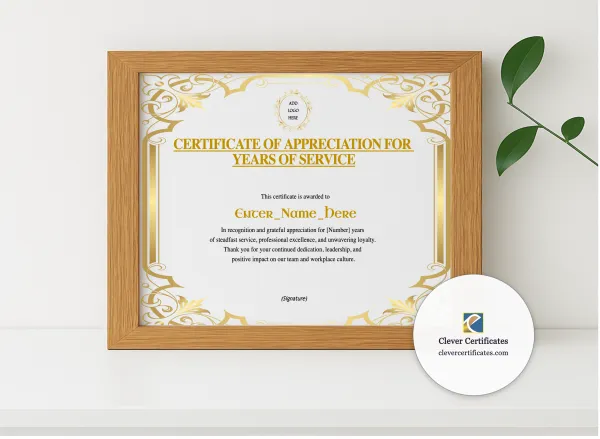 Realistic mockup featuring Years Of Service Certificate displayed within a modern frame, set against a minimalistic background.
