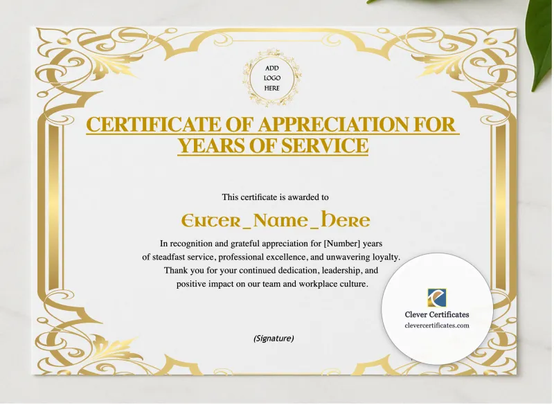 Years Of Service Certificate presented in a sleek wooden frame, elegantly arranged on a stylish table.