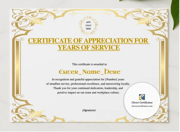 Years Of Service Certificate presented in a sleek wooden frame, elegantly arranged on a stylish table.