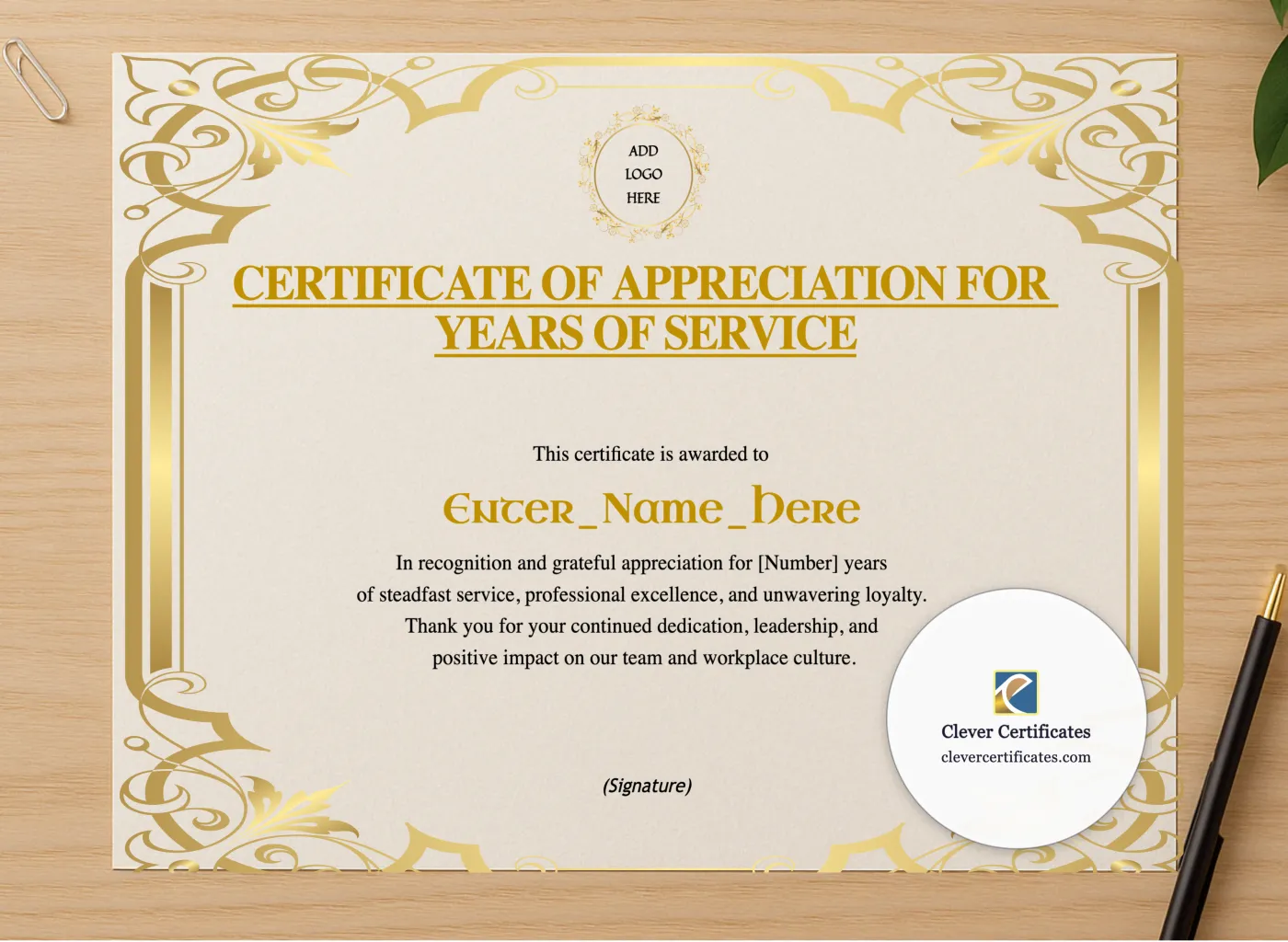 Professional preview of Years Of Service Certificate certificate on high-quality stationery paper, ideal for showcasing the final look.