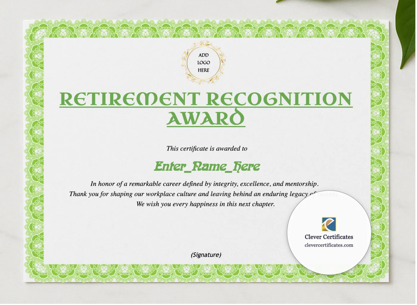 Retirement Appreciation Certificate presented in a sleek wooden frame, elegantly arranged on a stylish table.