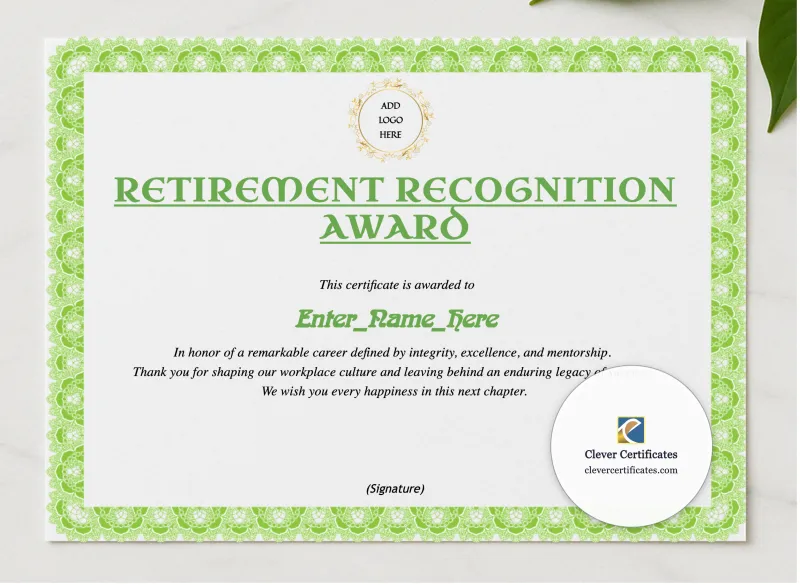 Retirement Appreciation Certificate presented in a sleek wooden frame, elegantly arranged on a stylish table.