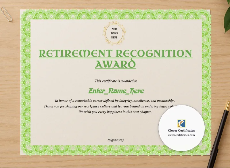 Professional preview of Retirement Appreciation Certificate certificate on high-quality stationery paper, ideal for showcasing the final look.