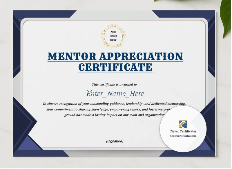 Mentor Appreciation Certificate presented in a sleek wooden frame, elegantly arranged on a stylish table.