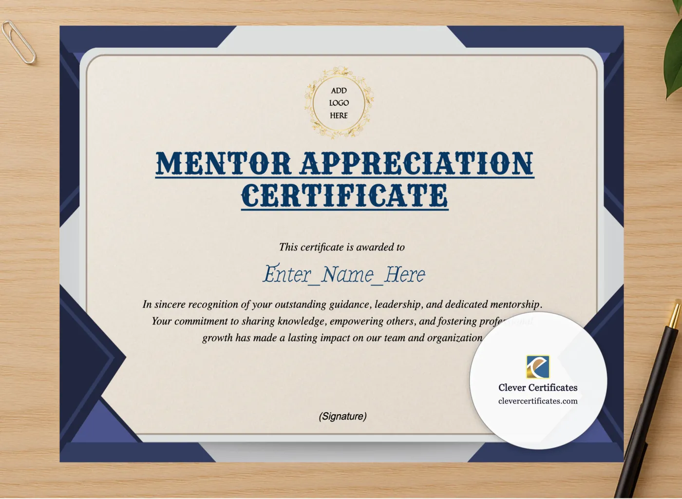 Professional preview of Mentor Appreciation Certificate certificate on high-quality stationery paper, ideal for showcasing the final look.