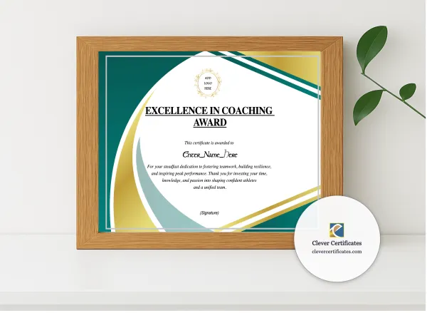 Realistic mockup featuring Coach Appreciation Certificate displayed within a modern frame, set against a minimalistic background.