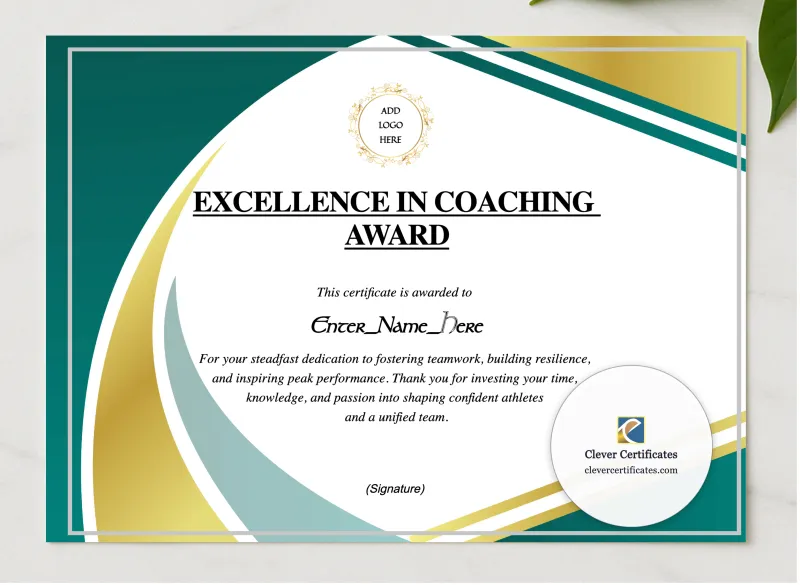 Coach Appreciation Certificate presented in a sleek wooden frame, elegantly arranged on a stylish table.