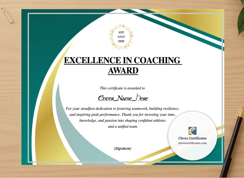 Professional preview of Coach Appreciation Certificate certificate on high-quality stationery paper, ideal for showcasing the final look.