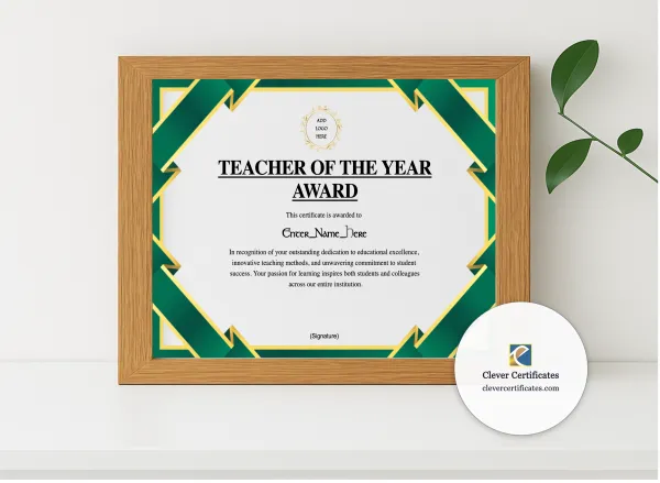 Realistic mockup featuring Teacher Of The Year Certificate displayed within a modern frame, set against a minimalistic background.